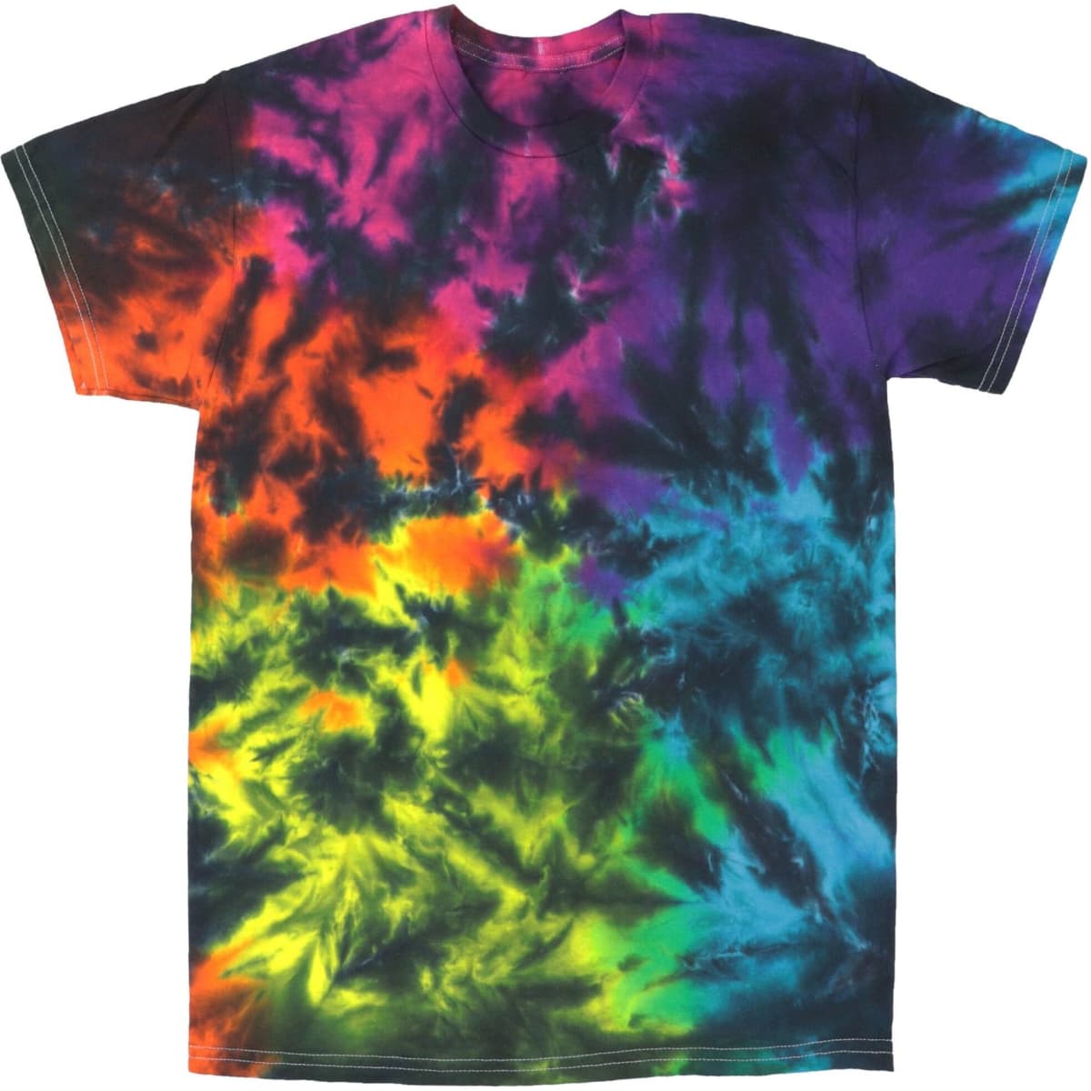 A multicoloured crinkle tie dye t-shirt featuring vibrant purple, orange, blue, and green patterns.