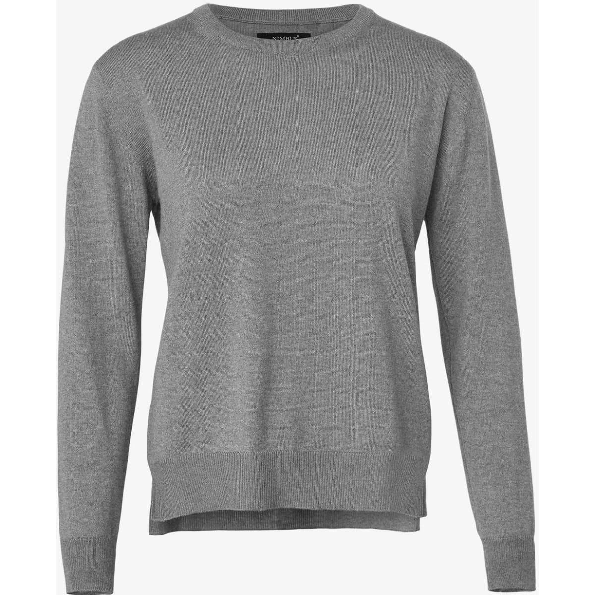 A grey knitted jumper with long sleeves and a round neckline. It features a subtle branding logo.