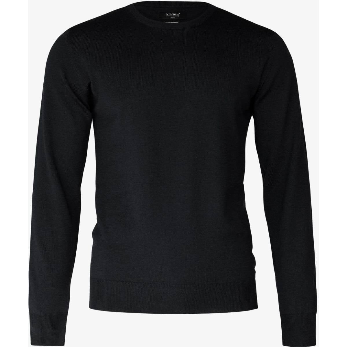 A black knitted jumper with long sleeves and a round neckline, featuring a logo on the label.
