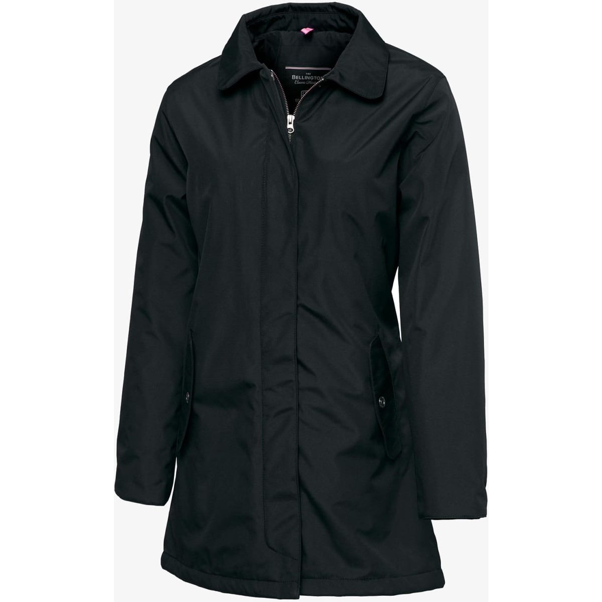 A black Bellington women’s jacket with a zip front and side pockets, featuring a collar and long sleeves.