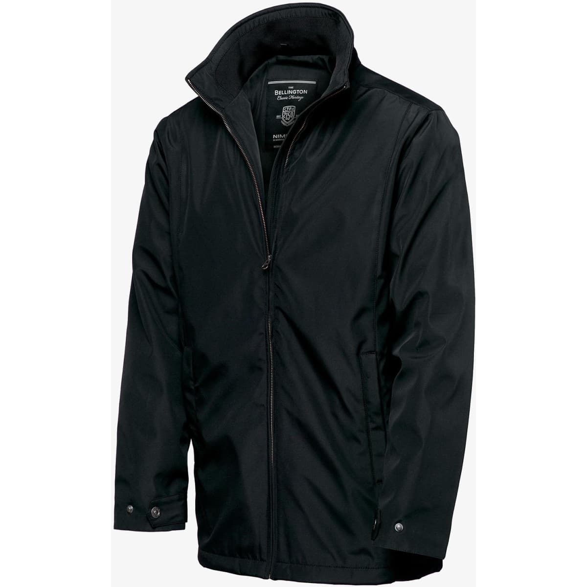 A black Bellington men’s jacket with a zip front, collar, and a logo on the inside label.