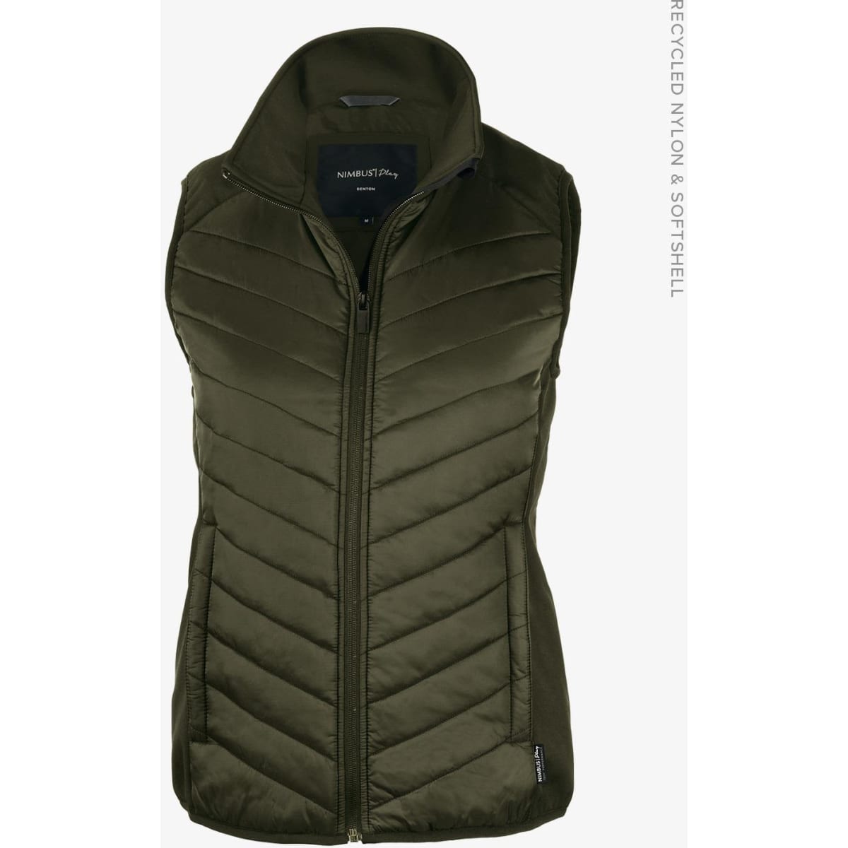An olive green women's vest with a zippered front, featuring a quilted design and a logo on the chest.