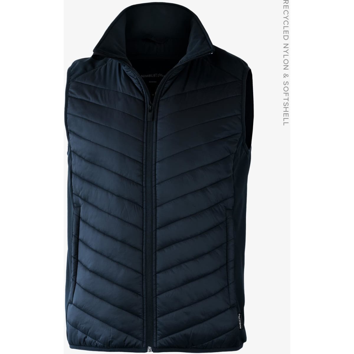 A dark blue, quilted men's vest with a high collar and front zipper, featuring a logo on the side.
