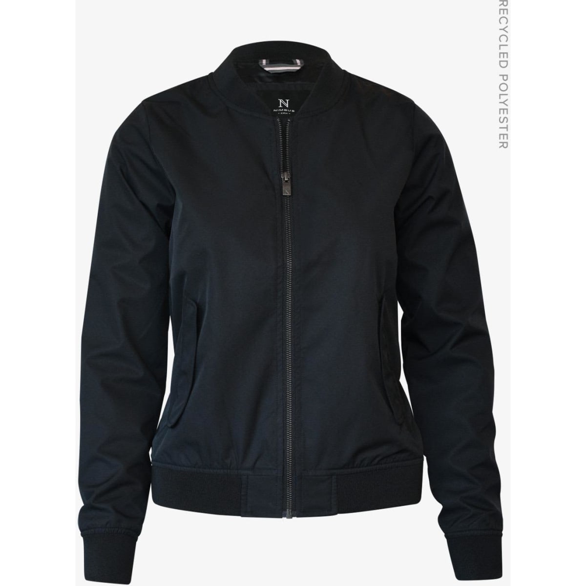 A black women's jacket featuring a zip front and ribbed cuffs, made from recycled polyester. It has a logo on the tag.