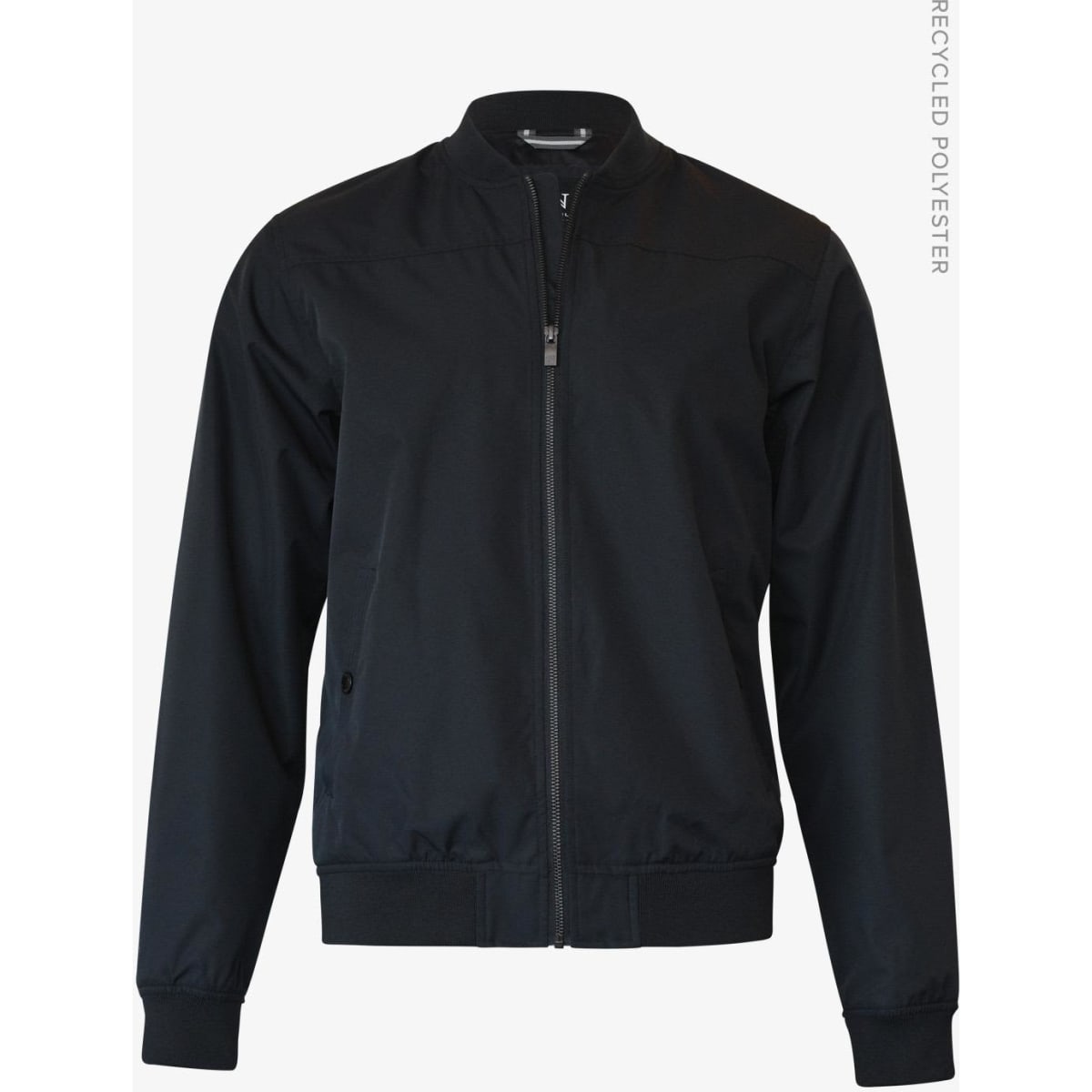 A black men's jacket featuring a zip closure, side pockets, and a collar design. It includes branding on the fabric.