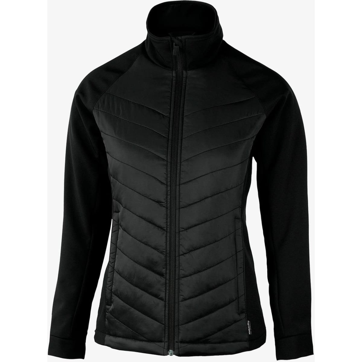 A black soft shell jacket with a zip front and chevron-patterned detailing on the body. It features a high collar and long sleeves.