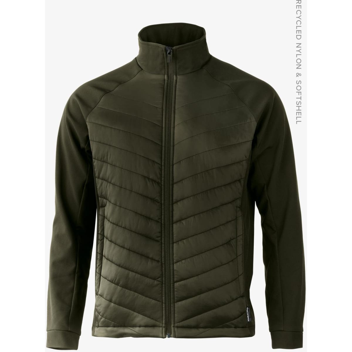 A soft shell jacket in olive green with a zip front and quilted design. Features a logo on the jacket.
