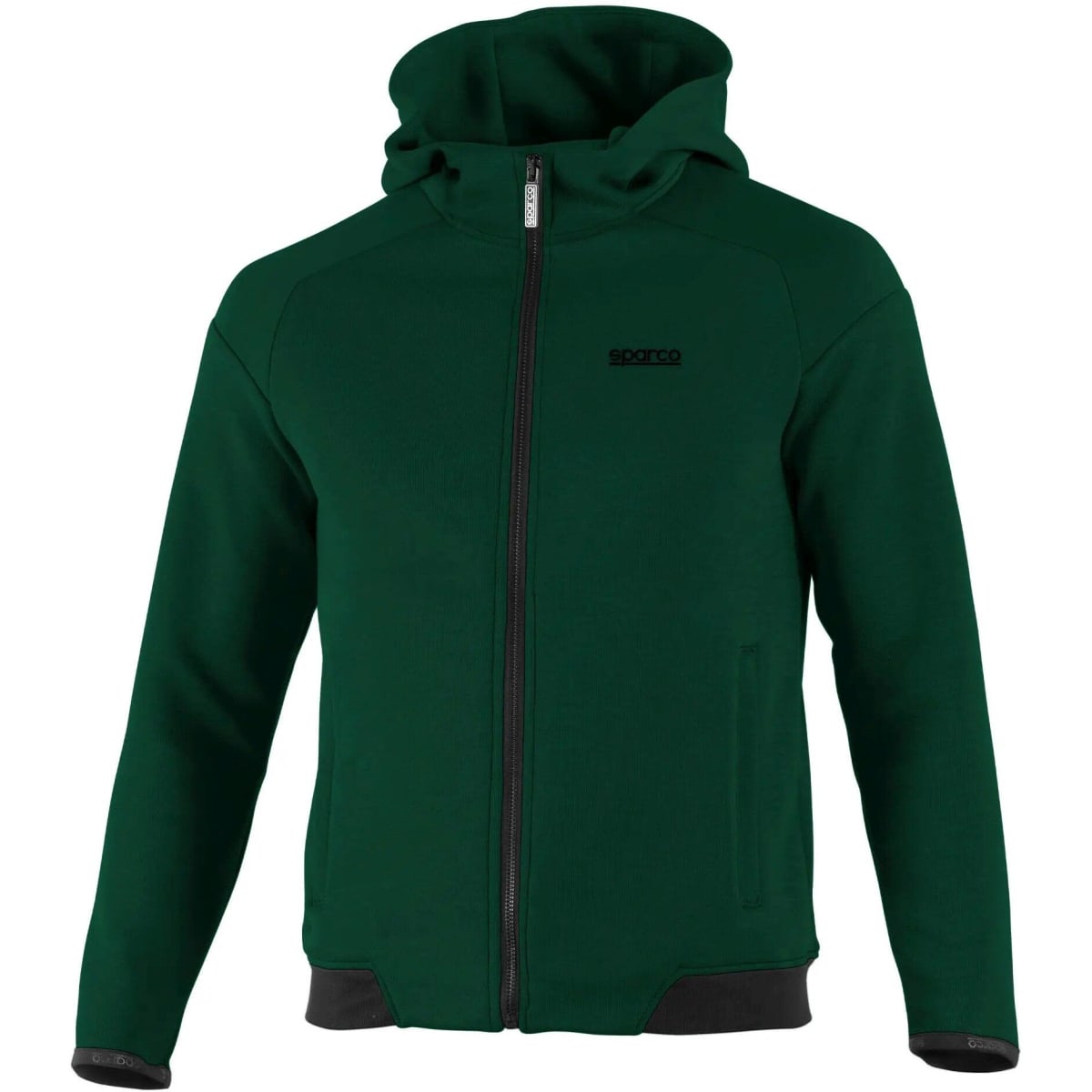 A full zip hooded jacket in dark green with a front zipper and two side pockets. It features a logo on the chest.