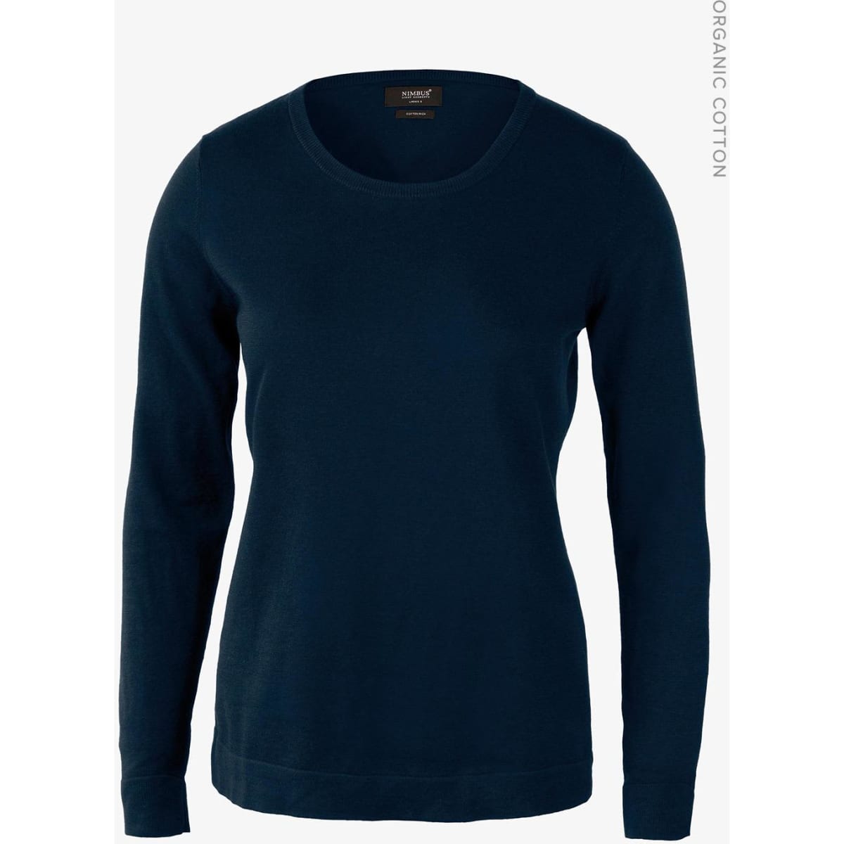 A navy knitted jumper with long sleeves and a round neckline, featuring a branding label.
