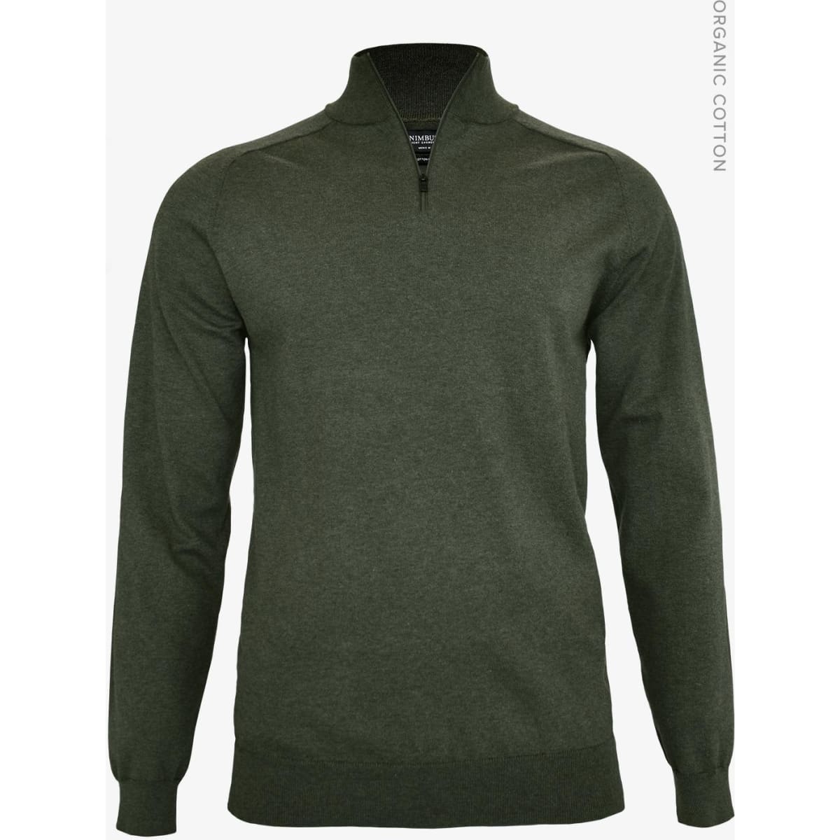 A men’s 1/4-zip knitwear in dark green, featuring long sleeves and a collar, with a small logo on the chest.