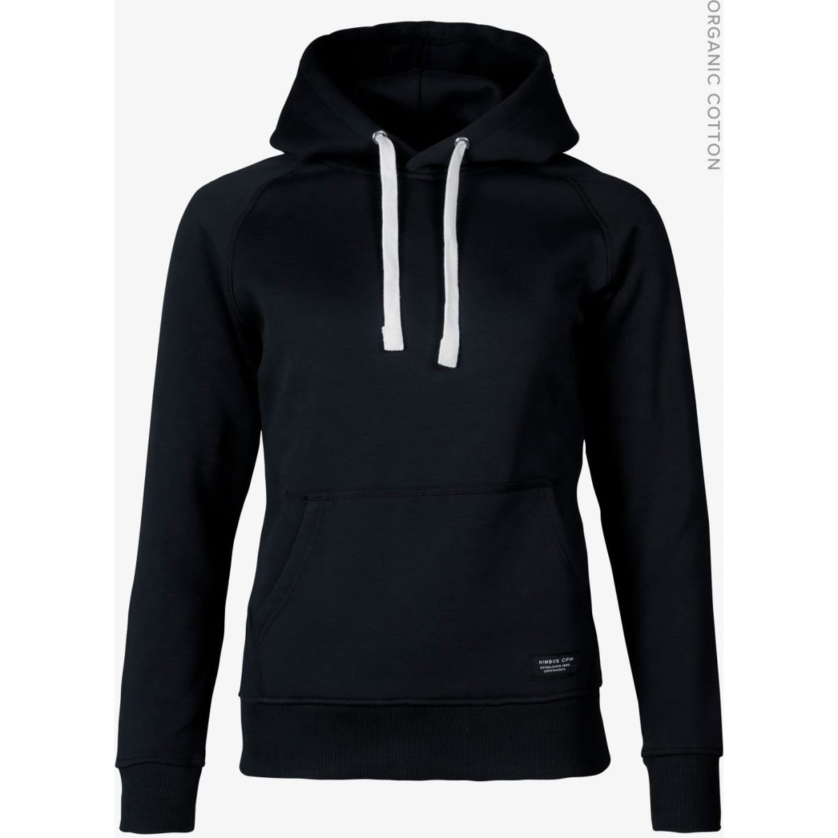 A black hoodie with a front pocket and a drawstring hood, featuring a logo on the lower side.
