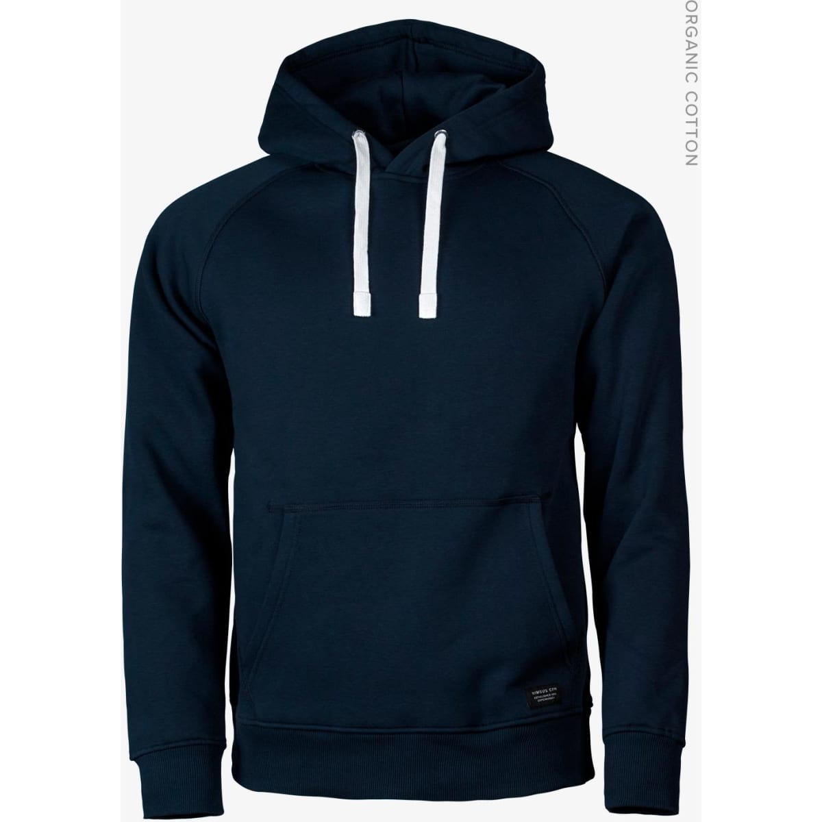 A navy hoodie with a front pocket, drawstring hood, and contrasting white drawstrings. It features a logo on the hem.
