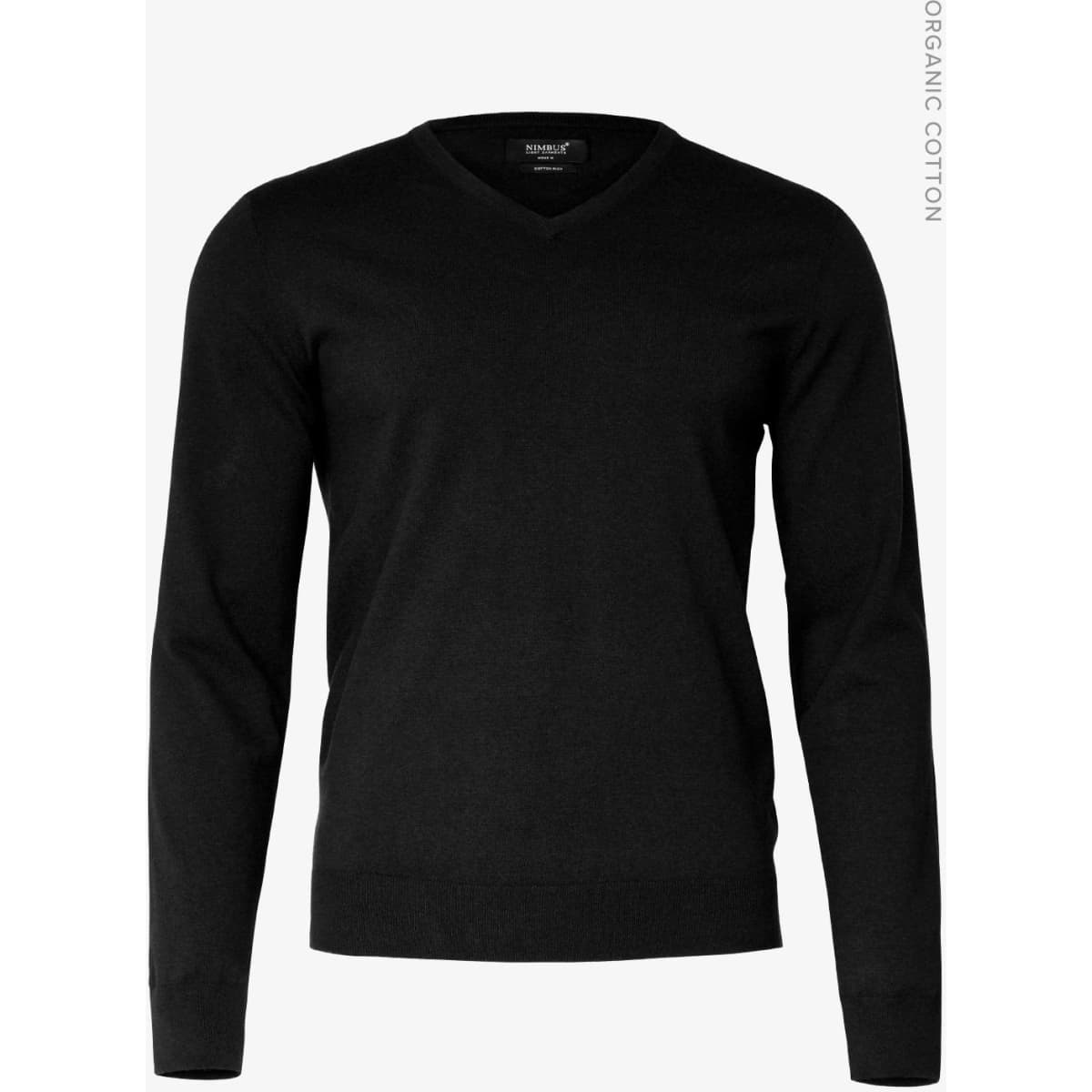 A black V-neck men's jumper made from organic cotton, featuring long sleeves and a fitted design. Includes a logo.