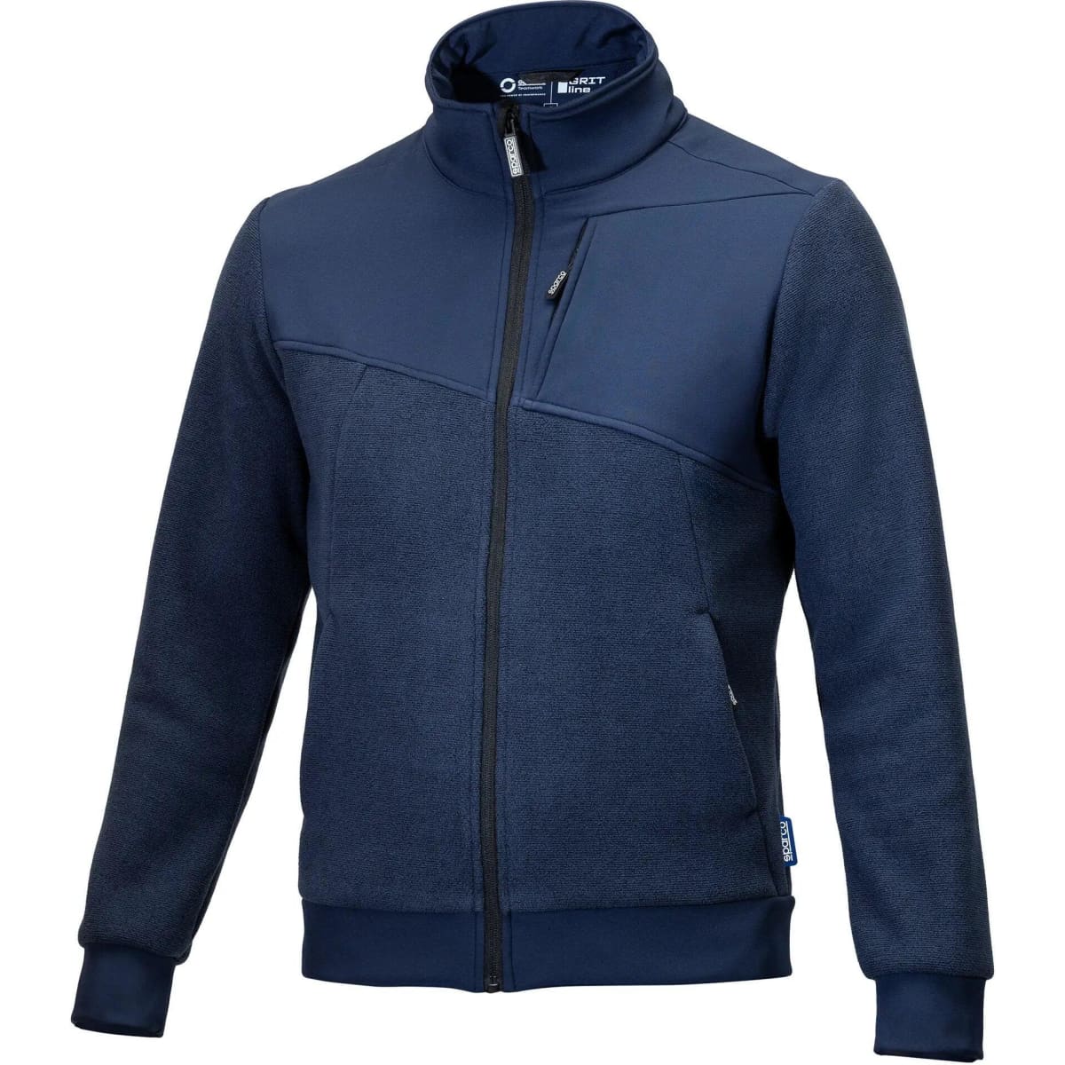 A navy blue full zip fleece jacket with a high collar and a logo on the chest.