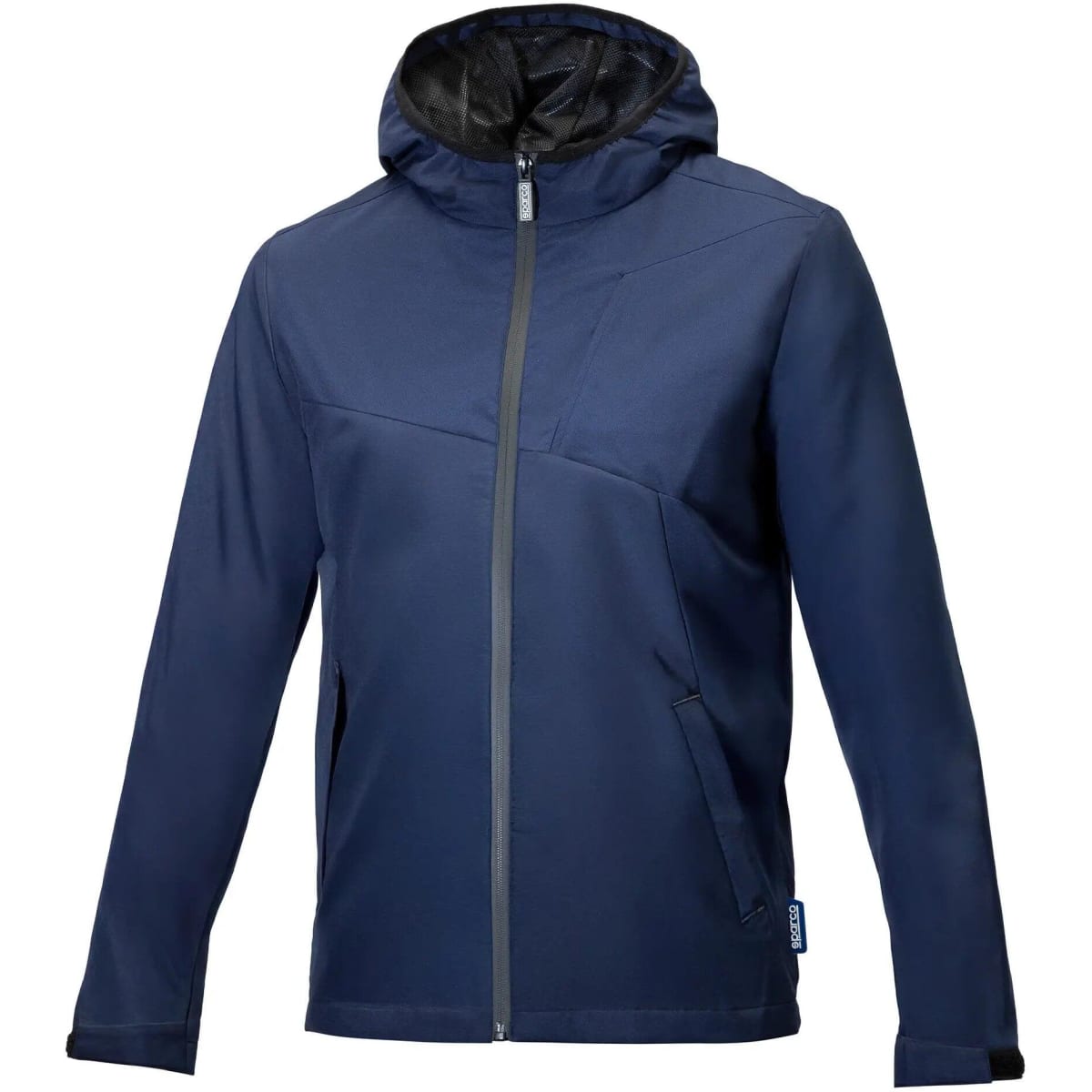 A navy windbreaker jacket with a hood, featuring a zip closure and side pockets, includes branding.