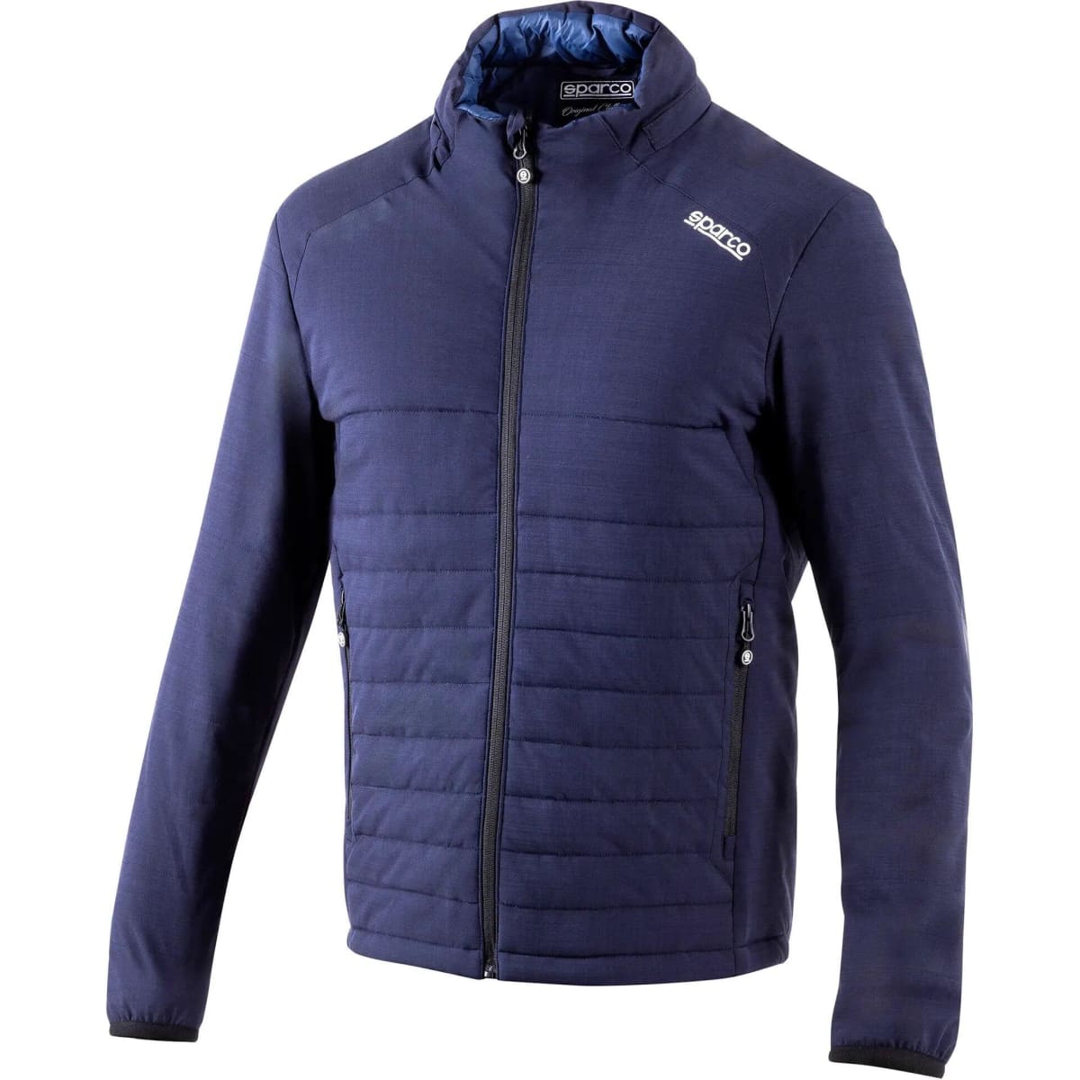 A navy blue jacket with a zip front and multiple pockets, featuring a logo on the shoulder.