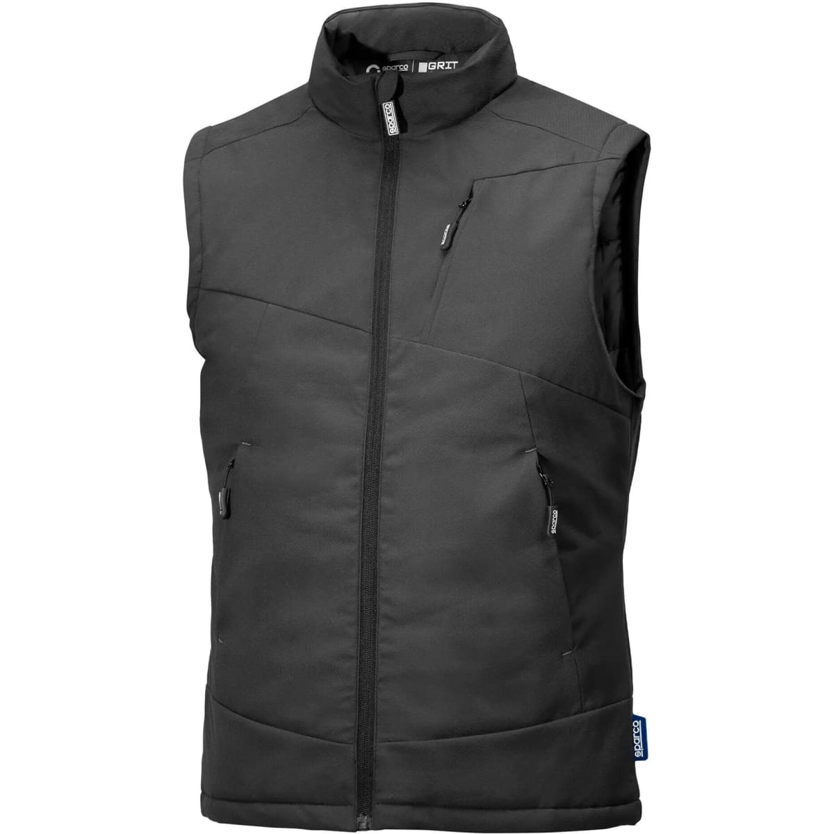 A black padded vest featuring a high collar and multiple zippered pockets. It includes a branding logo.