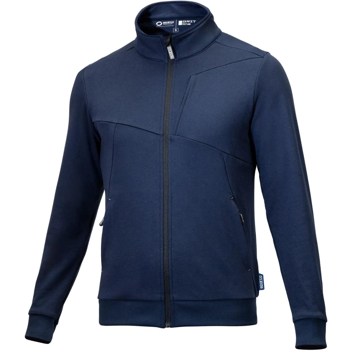 A full zip jacket in navy blue with a high collar and zippered pockets, featuring a logo.