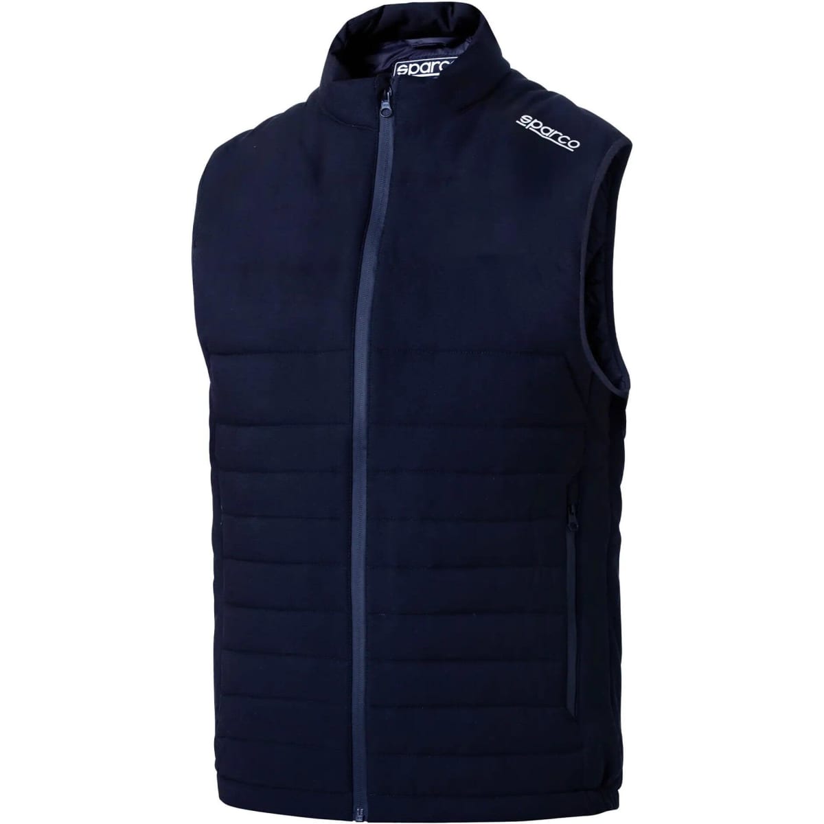 A navy blue padded vest with a zip front and two side pockets, featuring a logo on the shoulder.