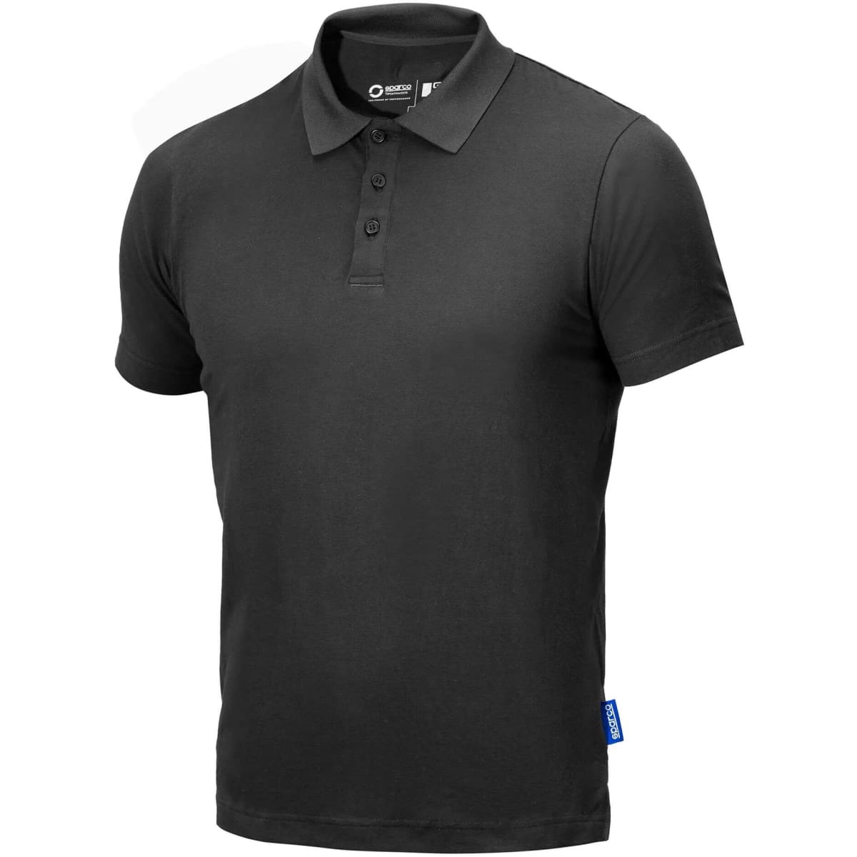A black polo shirt with short sleeves and a three-button placket, featuring a branding logo.