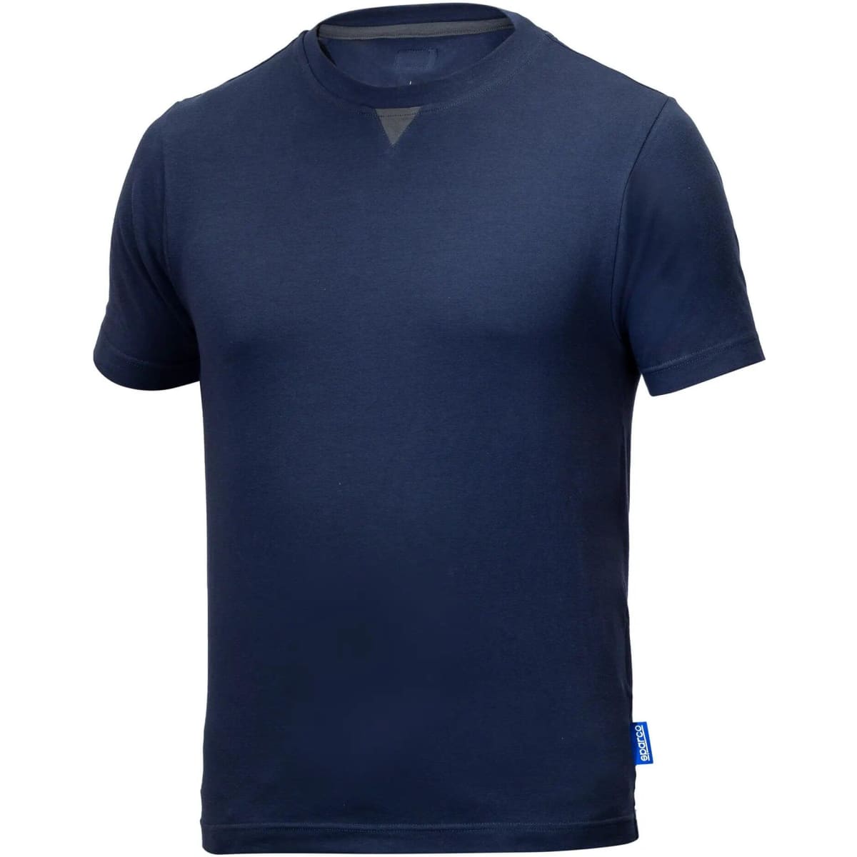A navy blue T-shirt with short sleeves, featuring a logo on the side.
