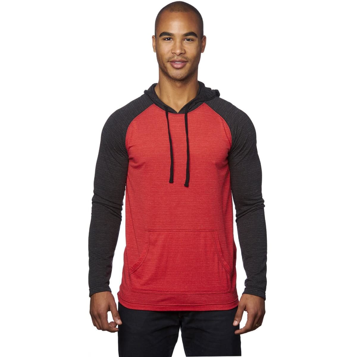 A Yarn-Dyed Long Sleeve Knit Hoodie in red with grey sleeves, featuring a front pocket and a drawstring hood.
