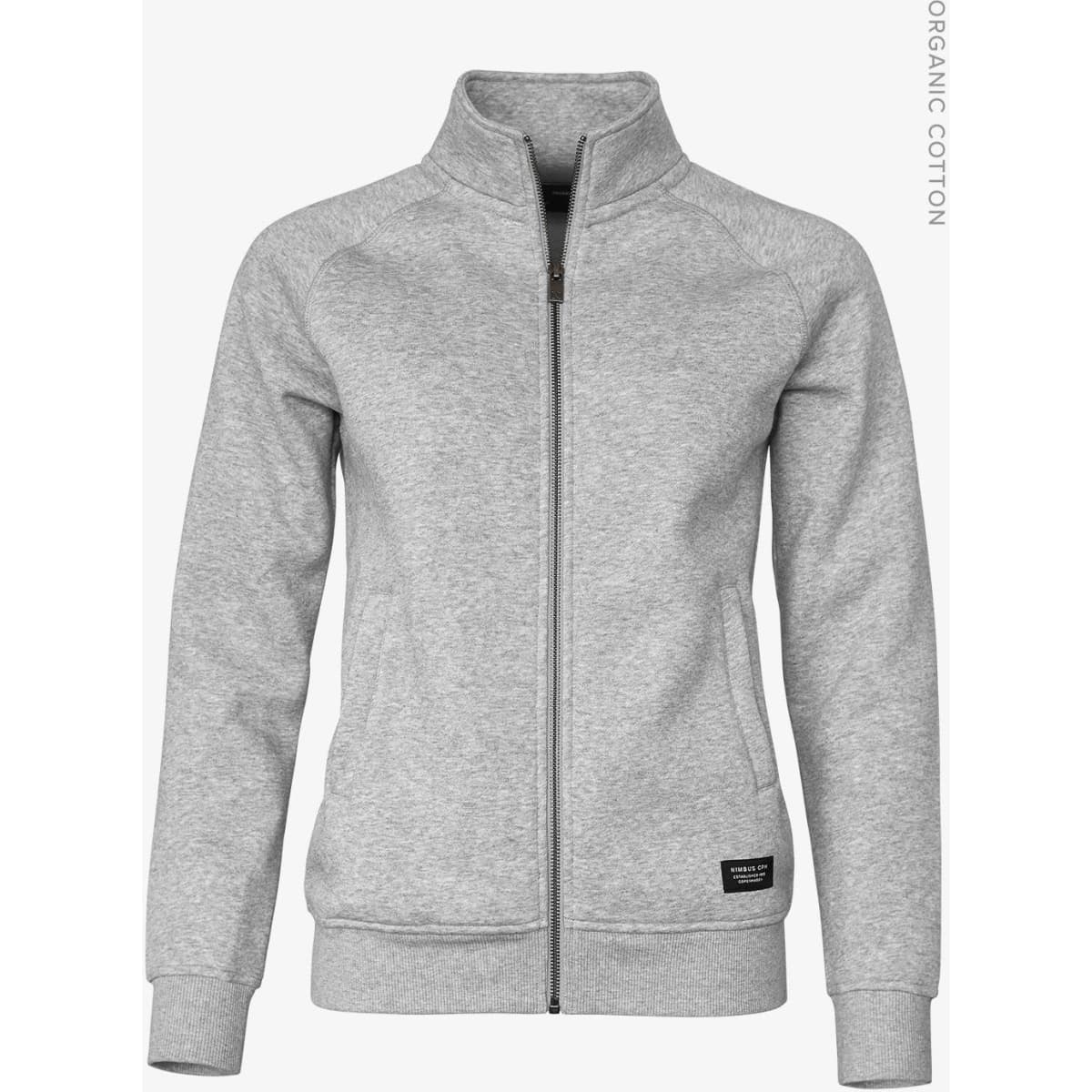 A grey zip-up jacket made from organic cotton, featuring two front pockets and a subtle logo.
