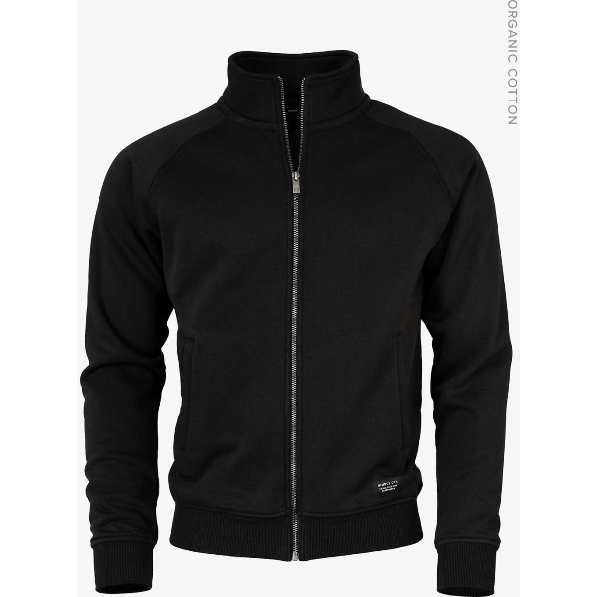 A black men's zip-up jacket with a high collar and raglan sleeves, featuring a logo on the side.