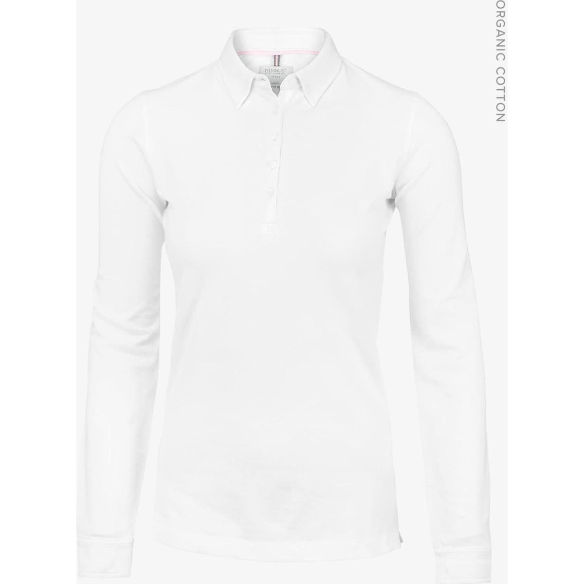 A white long-sleeved polo shirt for women made from organic cotton, featuring a collar and a logo.