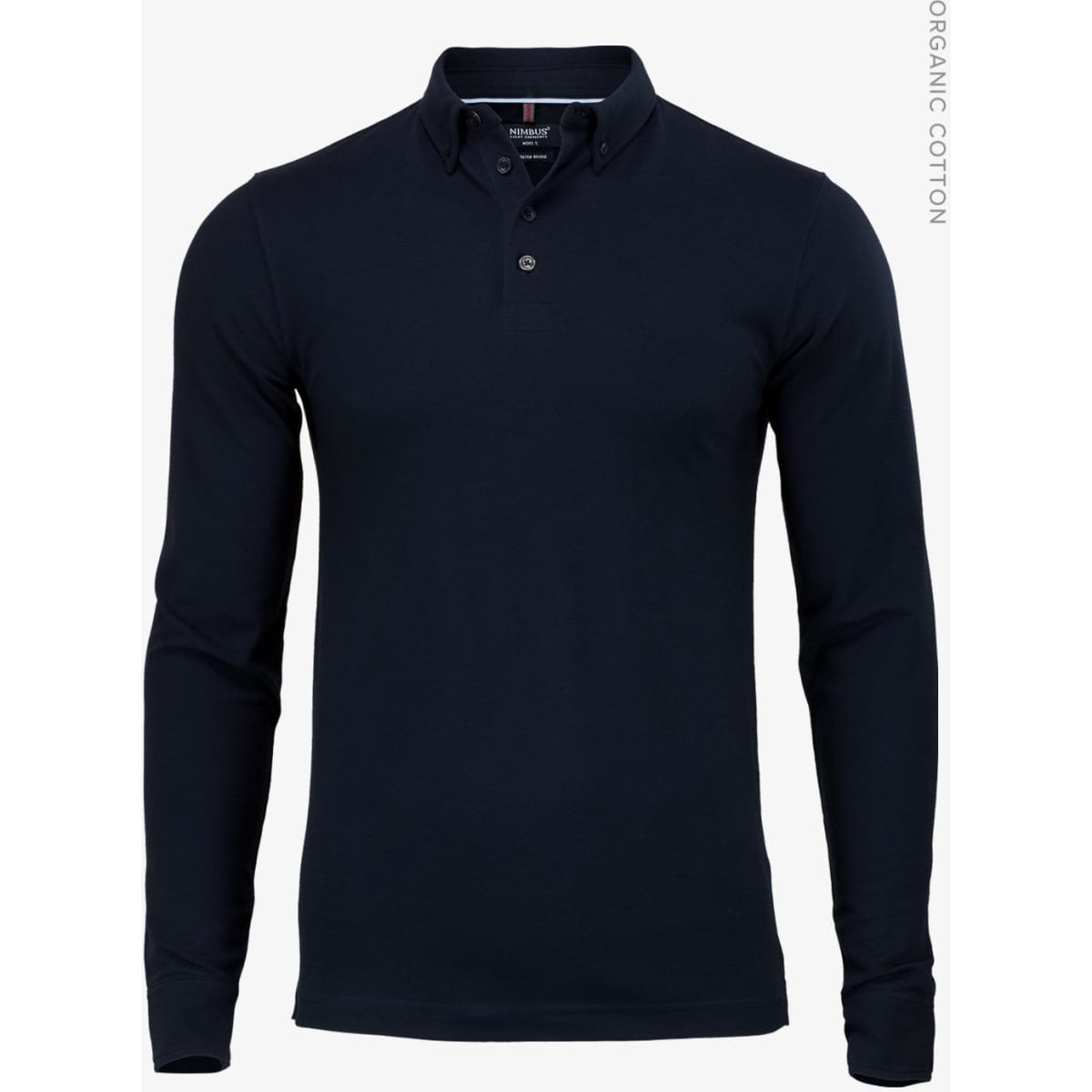 A navy blue men's polo shirt with long sleeves, featuring a collared neckline and a subtle logo.