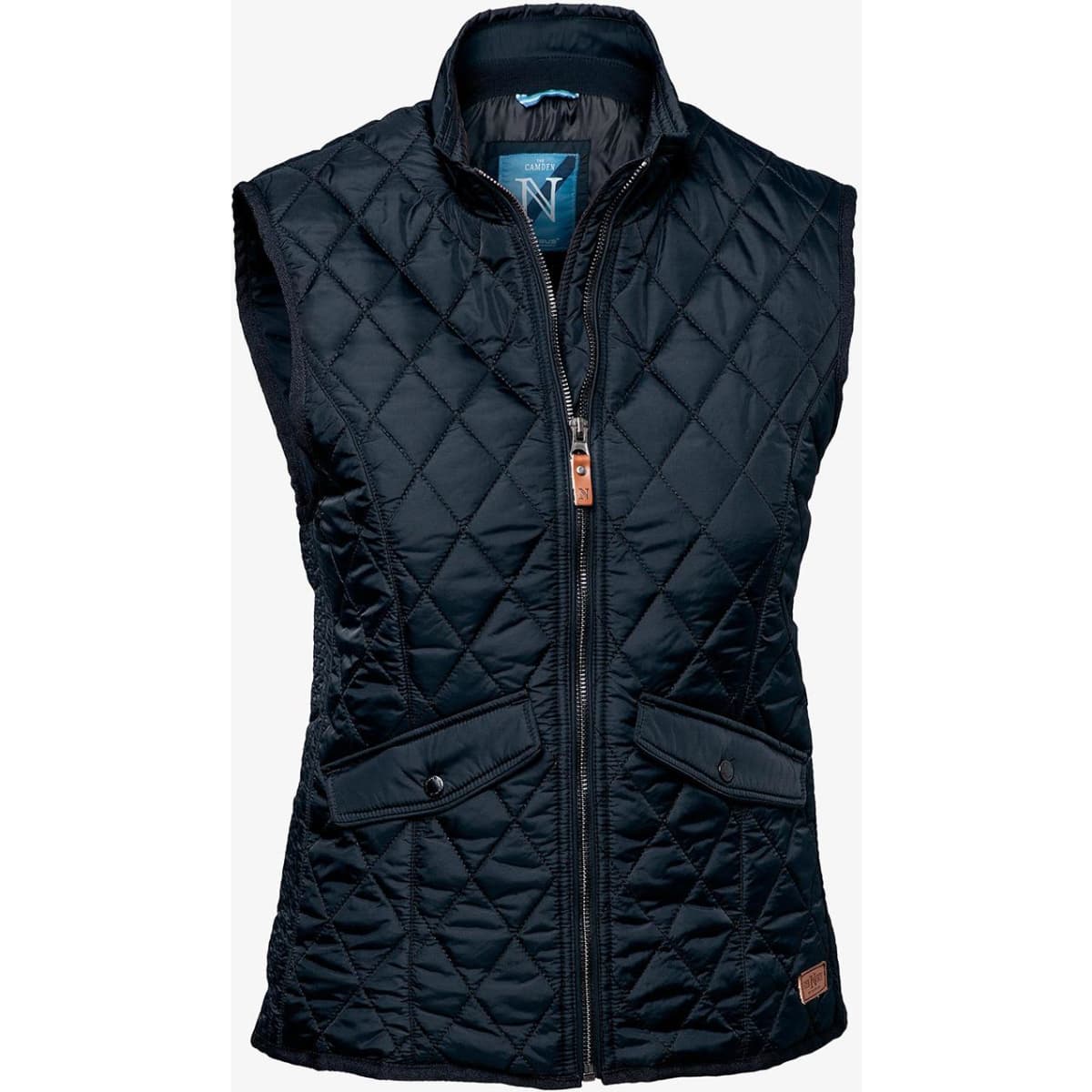 A navy blue quilted vest with a zip closure and two front pockets, featuring a logo on the upper left.