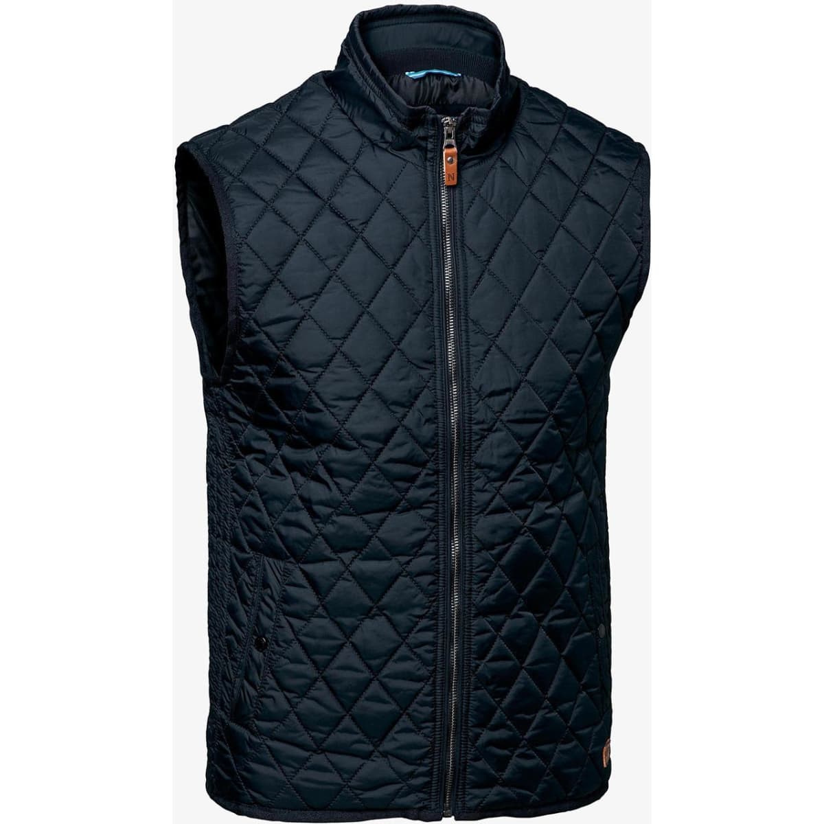 A dark navy quilted men's vest with a front zipper and no sleeves, featuring a small logo.