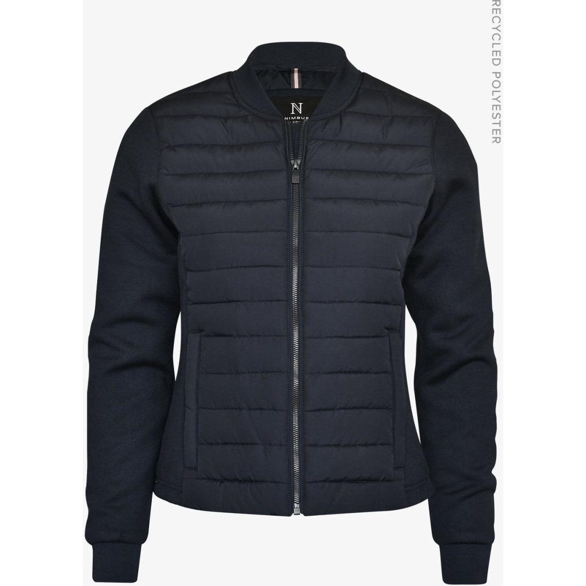 A dark blue women's jacket with a quilted front, long sleeves, and a zip closure. Features branded detailing.