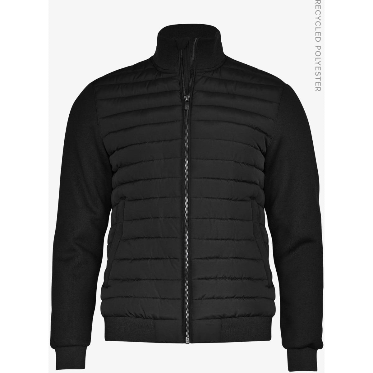 A black jacket featuring a quilted design, zip closure, and stand collar, made from recycled polyester.