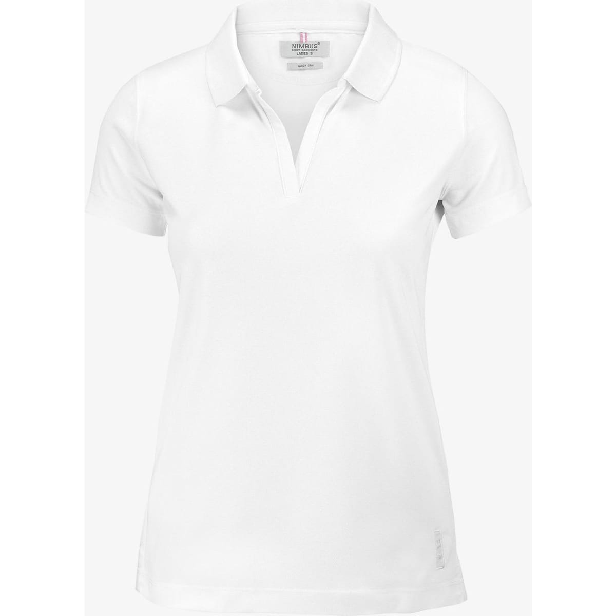 A white women's polo shirt featuring a collar and short sleeves, with a logo on the side.