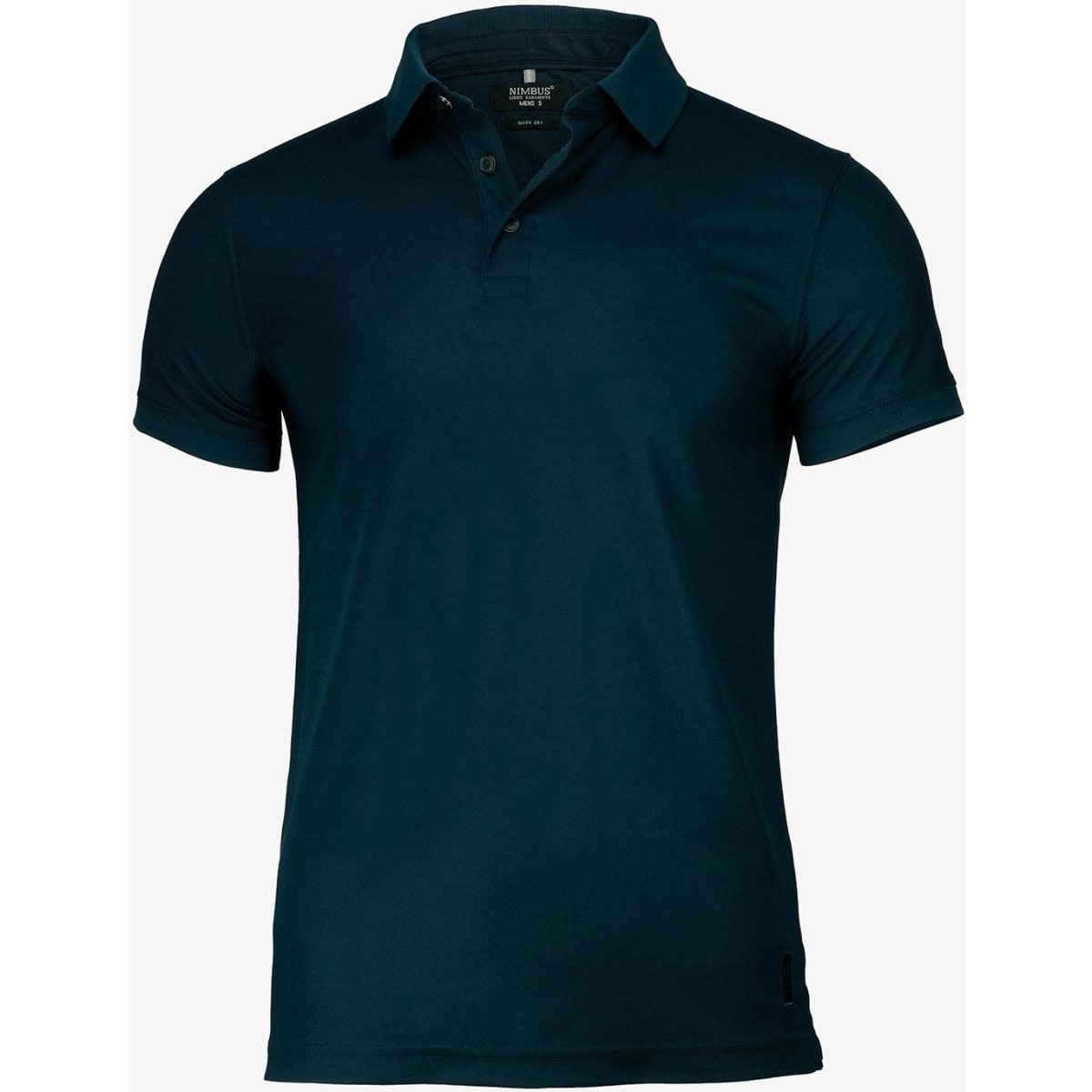 A dark teal polo shirt with a collar and short sleeves, featuring a small logo on the side.