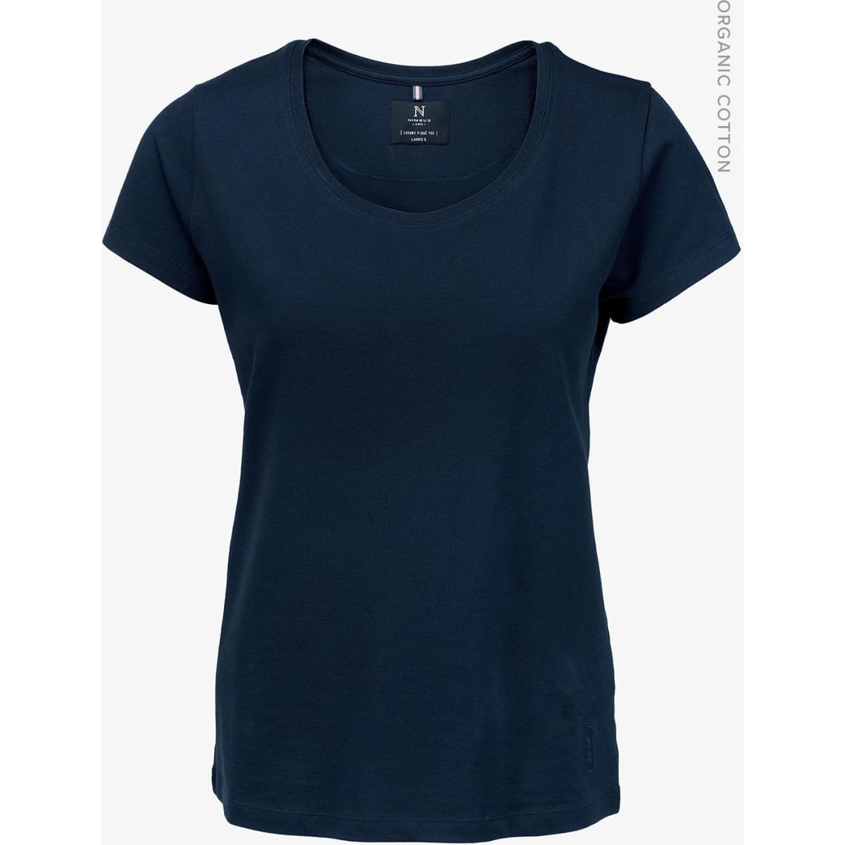 A navy blue women’s t-shirt with a round neck and short sleeves, featuring a logo on the tag.