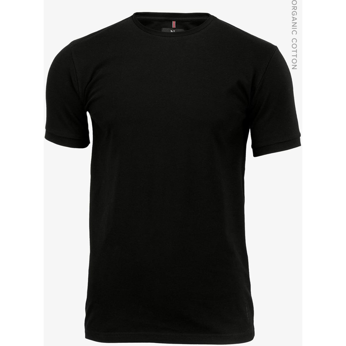 A black organic cotton T-shirt with short sleeves and a simple design. Features a logo on the neckline.
