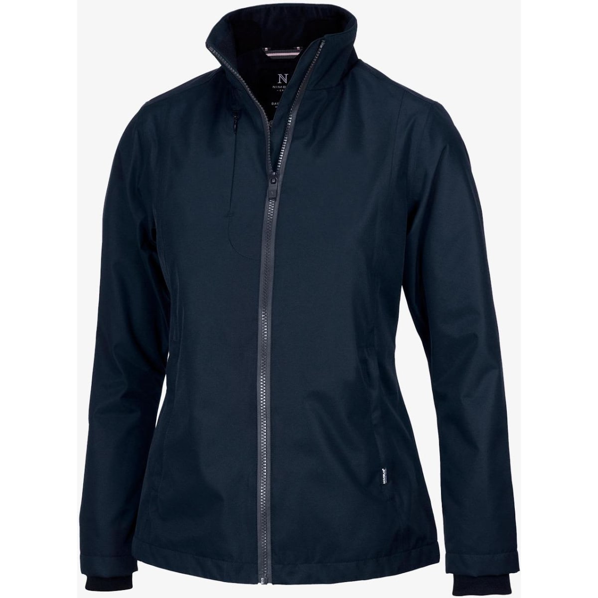 A navy women's jacket with a zip front and a high collar. The jacket has a branding logo.