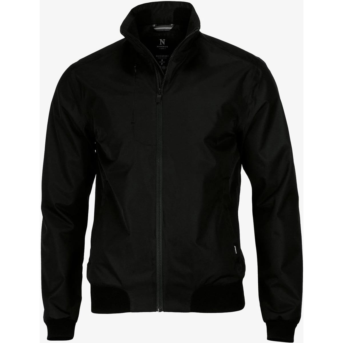 A black Davenport Men's jacket with a zip front and high collar, featuring ribbed cuffs and hem.
