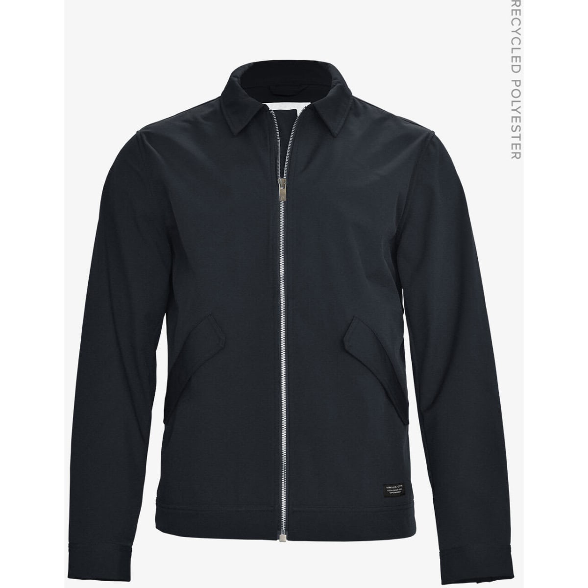 A unisex jacket in navy blue featuring a zip front and side pockets, made from recycled polyester.