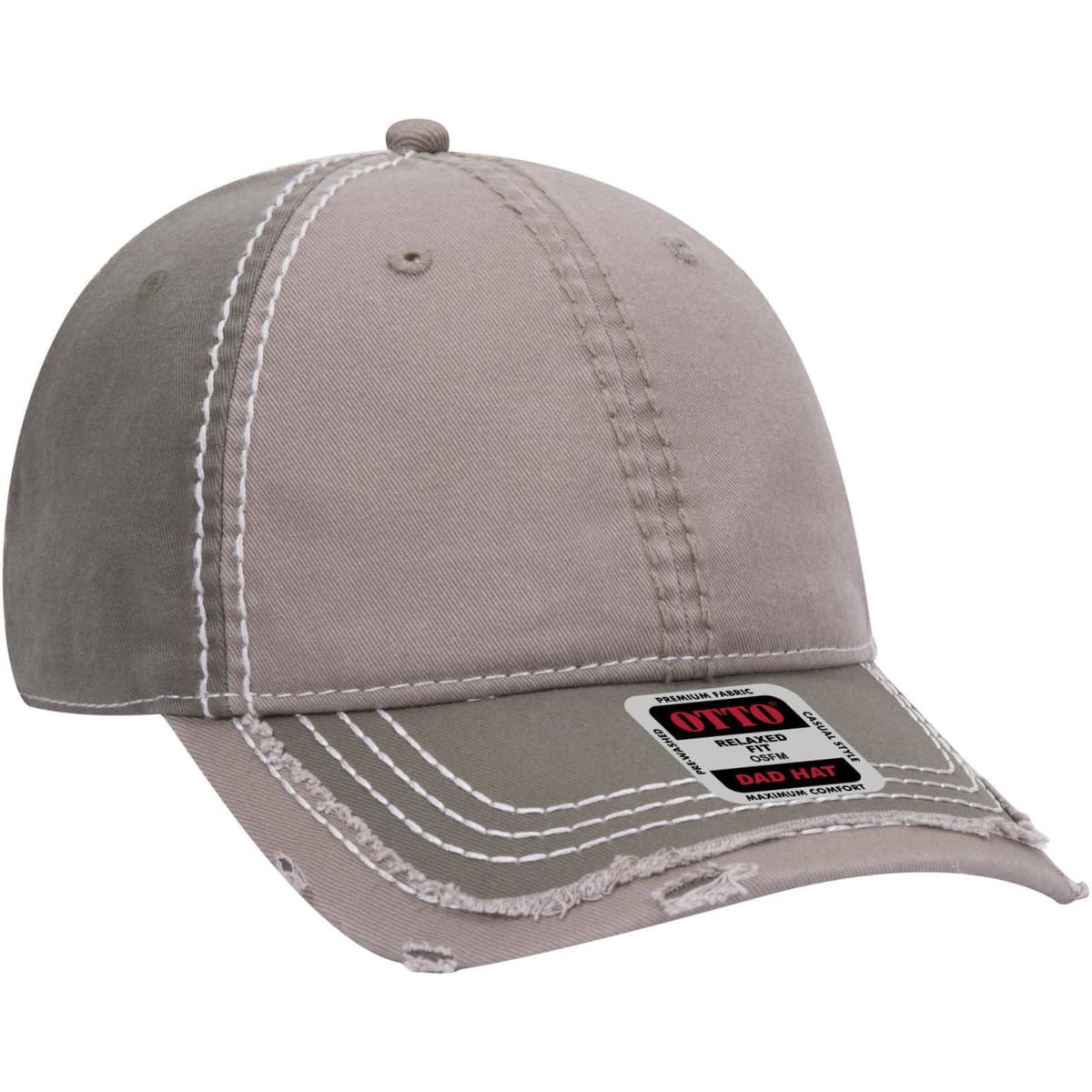 A 6 panel low profile dad cap in a two-tone grey design with exposed stitching and a logo tag.