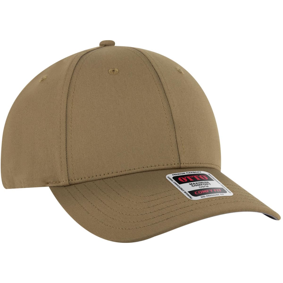 A tan baseball cap with a low profile and six-panel design, featuring a logo on the front.