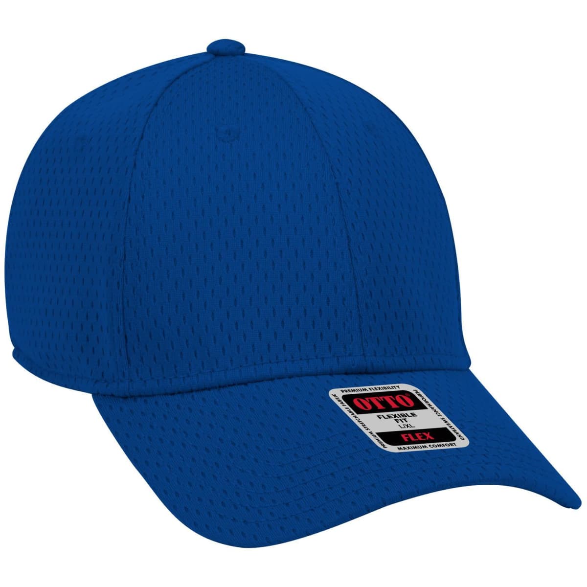 A blue 6-panel low profile baseball cap with a mesh design and a branded tag on the front.
