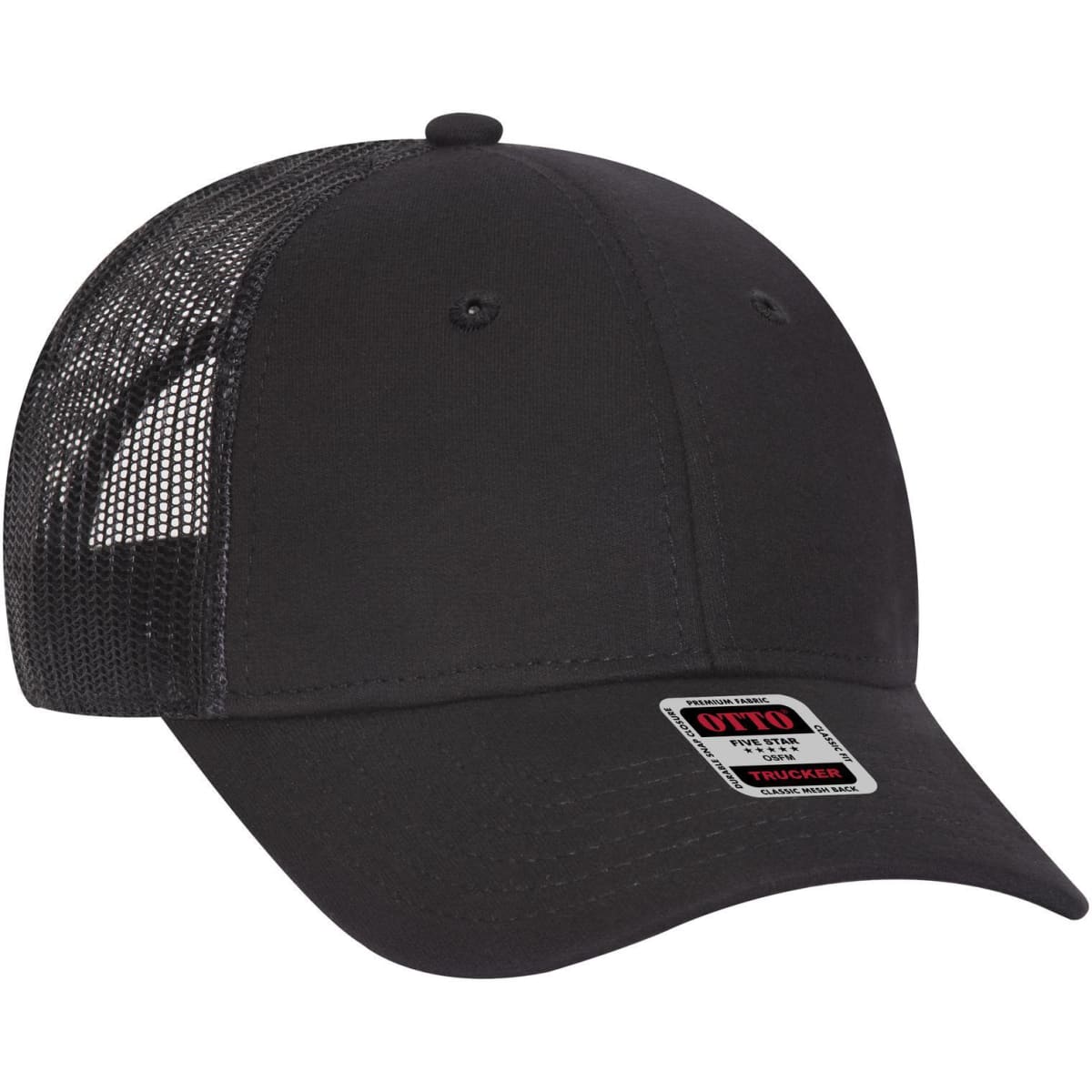 A black 6 panel low profile trucker cap with a mesh back and a logo on the front.
