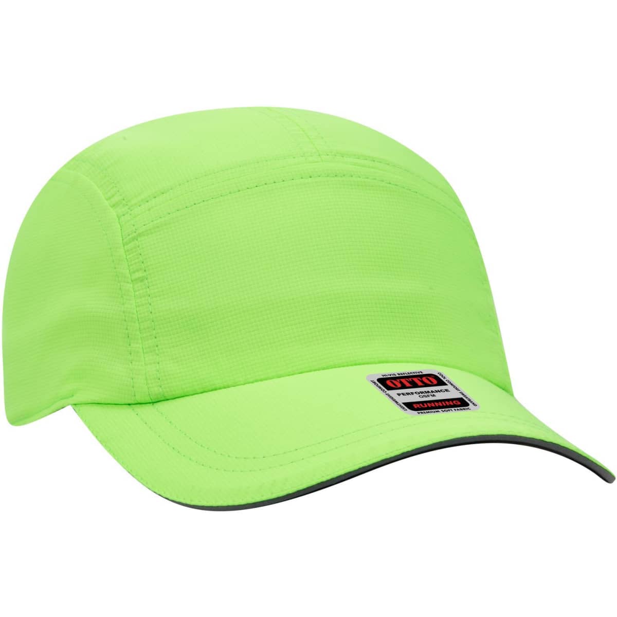 A bright green reflective five-panel cap with a logo, featuring a curved brim and a lightweight design.