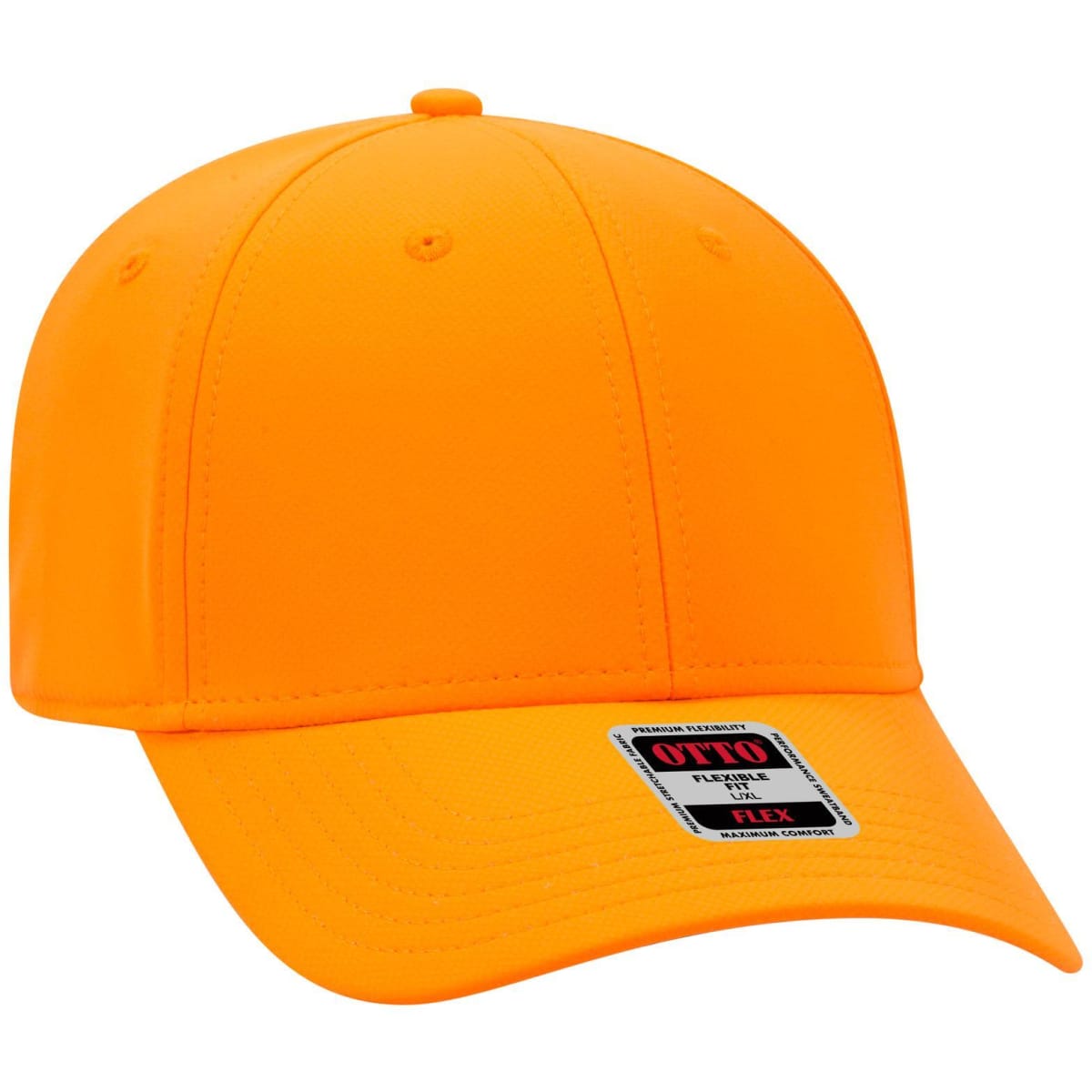 An orange UPF 50+ six-panel low-profile baseball cap with a branded label on the side.