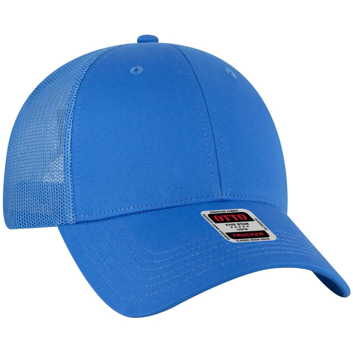 A blue 6 Panel Low Profile Trucker Cap with a mesh back and a branded label on the front.