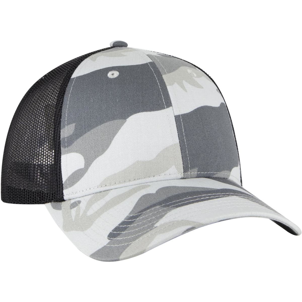 A camo-patterned grey and white trucker cap with a black mesh back and a curved brim.