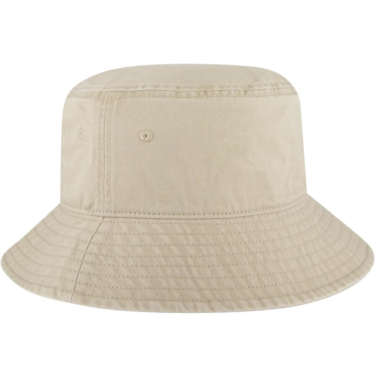 A beige bucket hat with a wide brim and a simple design, featuring a logo on one side.